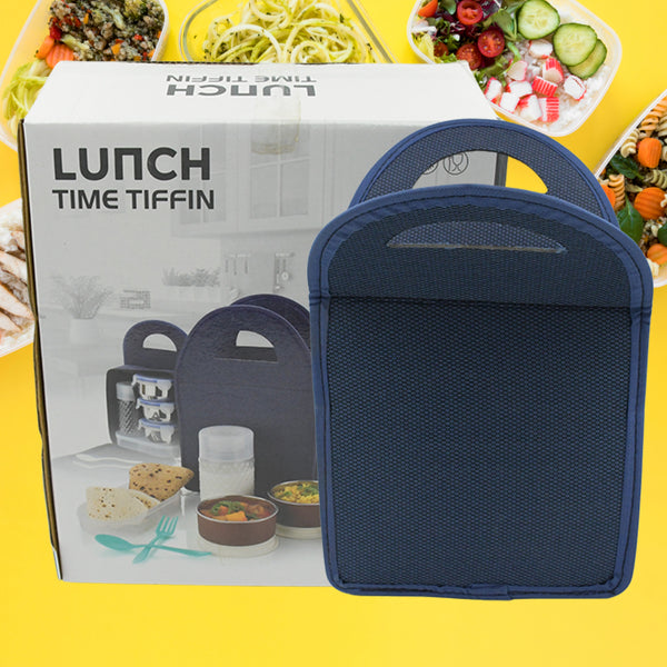 6 in 1 Tiffin Box-lunch Box  3 Stainless Steel Containers  Plastic Lid Box  Spoon  Fork Plastic Bottle  Insulated Fabric Bag  Leak Proof  Microwave Safe  5773