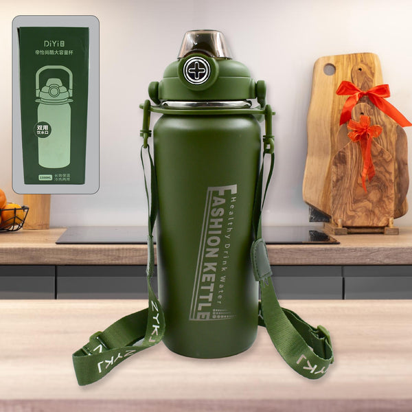 Liter Stainless Steel Water Bottle With Straw Strap  Handle  Vacuum Insulated Thermos Flask Double-walled Coffee Thermos Flask Leak-proof Water Bottle For Sports Fitness Gym (1500ml) - 13039