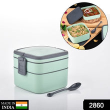 Green Double-layer Portable Lunch Box Stackable With Carrying Handle And Spoon Lunch Box 2860