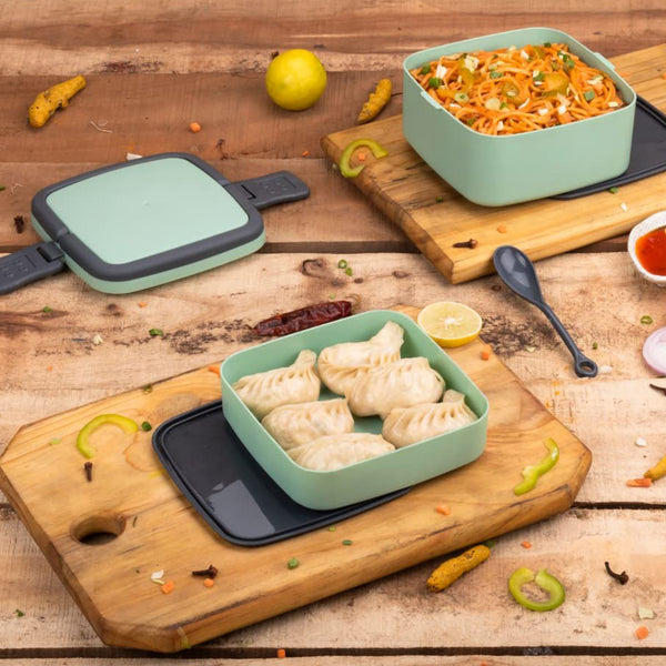 Green Double-layer Portable Lunch Box Stackable With Carrying Handle And Spoon Lunch Box 2860
