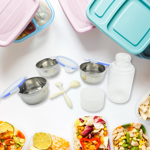 6 in 1 Tiffin Box-lunch Box  3 Stainless Steel Containers  Plastic Lid Box  Spoon  Fork Plastic Bottle  Insulated Fabric Bag  Leak Proof  Microwave Safe  5773